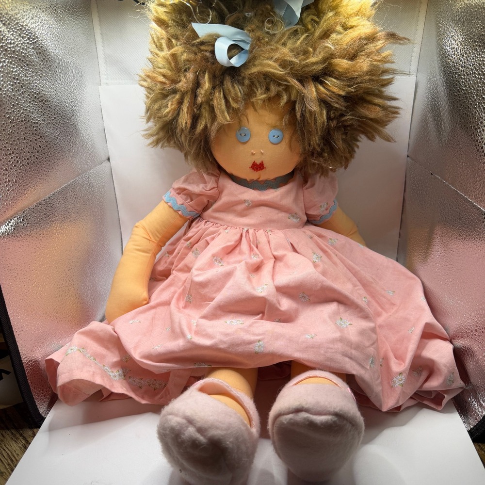 Handmade Rag Doll Large 24" Pink Floral Dress‎ Cottagecore Vintage Style Toy